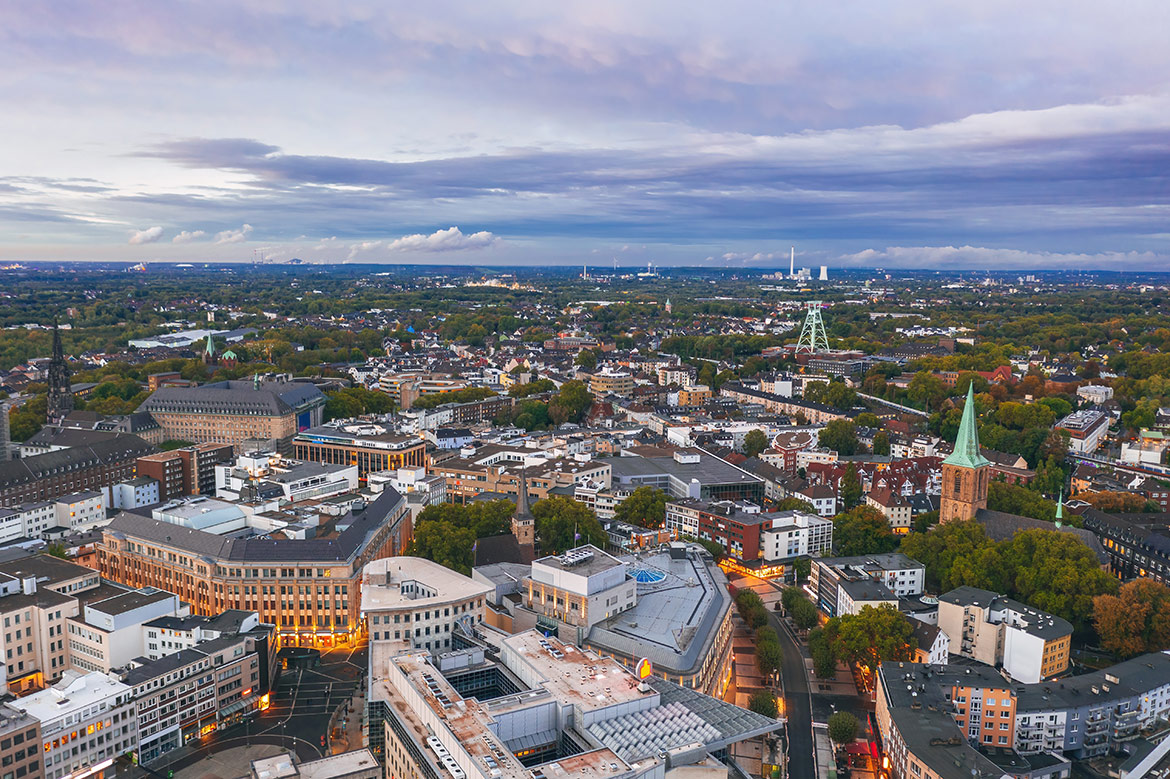 AerialsunsetcityscapeofBochumcityGermany